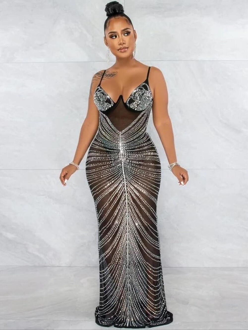Black Embellished Mesh Evening Gown